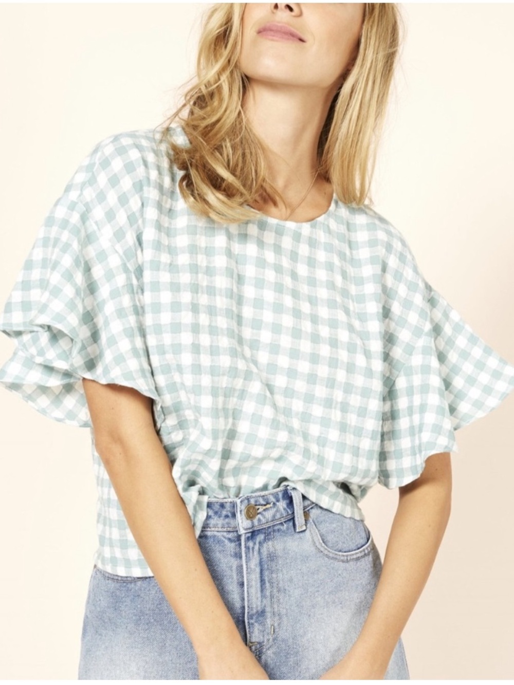Mink Pink gingham blouse with ruffle sleeve